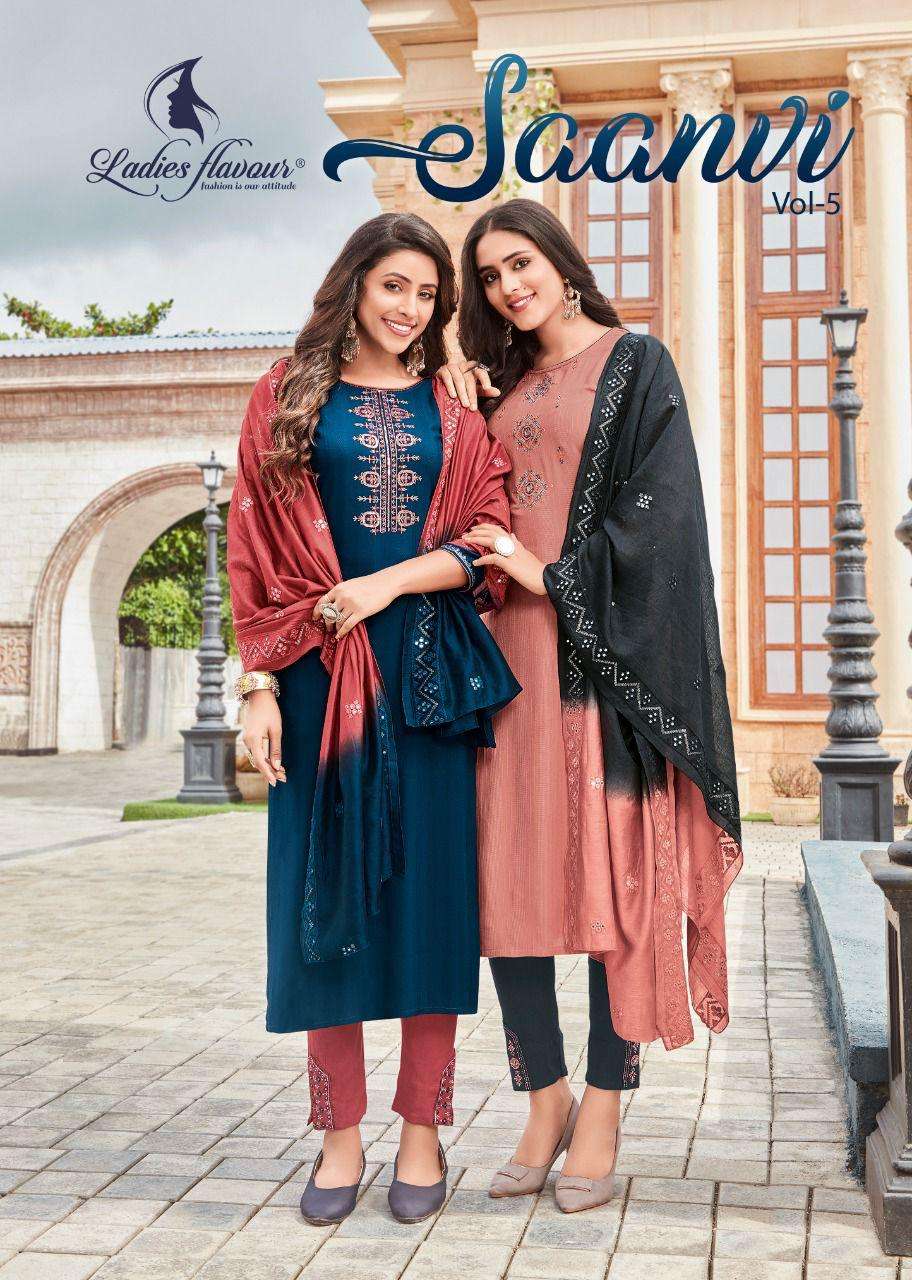 Ladies Flavour-Saanvi Vol 5-Rayon-Weaving-Embroidery-Sequence-Work-Kurti-Cotton-Slub-Lycra-Pant-Chanderi-Viscose-Mirror-Work-Dupatta-Poster
